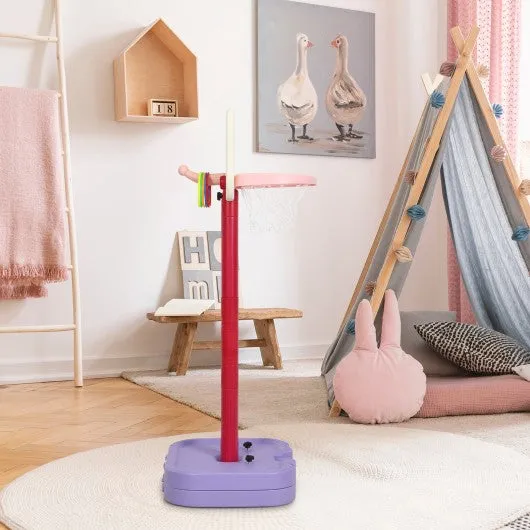 2 in 1 Kids Basketball Hoop Stand with Ring Toss and Storage Box-Purple