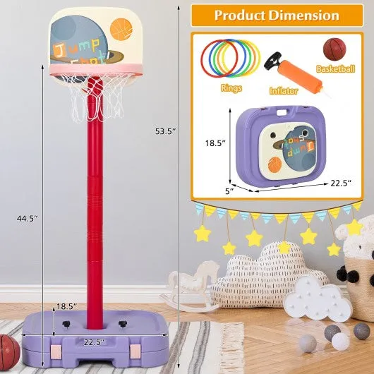 2 in 1 Kids Basketball Hoop Stand with Ring Toss and Storage Box-Purple