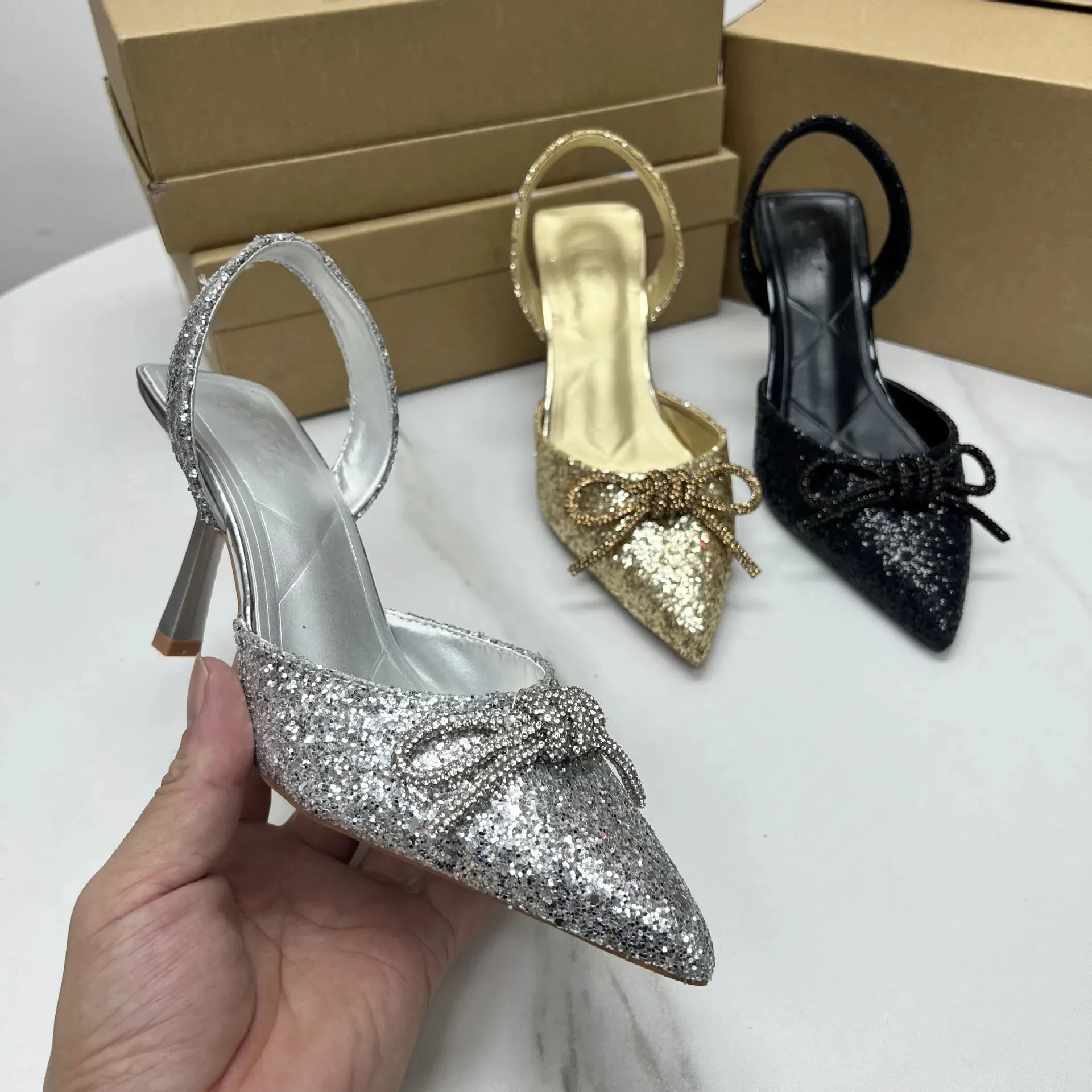 AMOZAE-- Sequined Slingback Stilettos