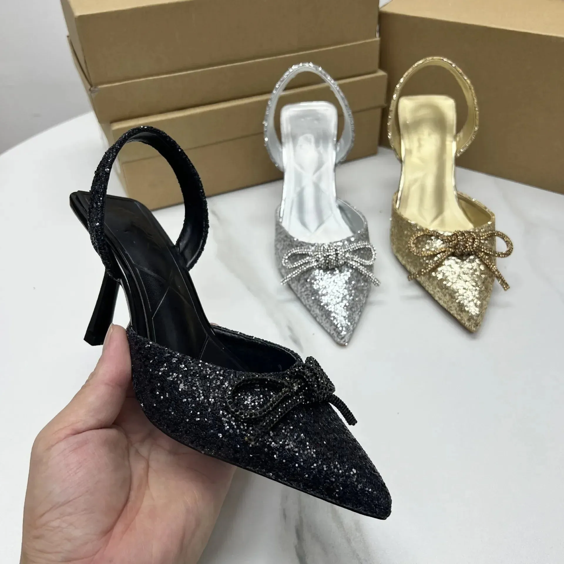 AMOZAE-- Sequined Slingback Stilettos