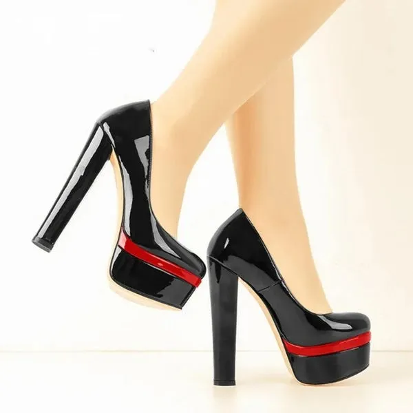 Black And Red Patent Leather Platform Chunky High Heels