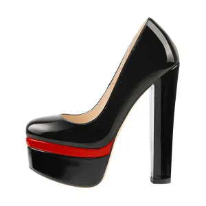 Black And Red Patent Leather Platform Chunky High Heels