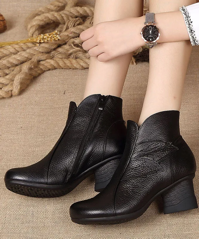 Fashion Splicing Chunky Boots Black Cowhide  Leather LY0237