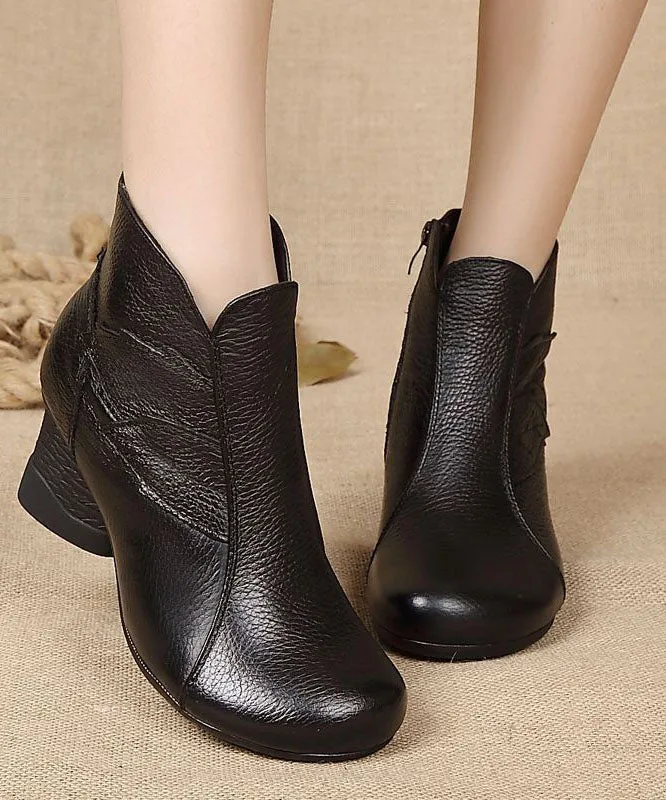 Fashion Splicing Chunky Boots Black Cowhide  Leather LY0237