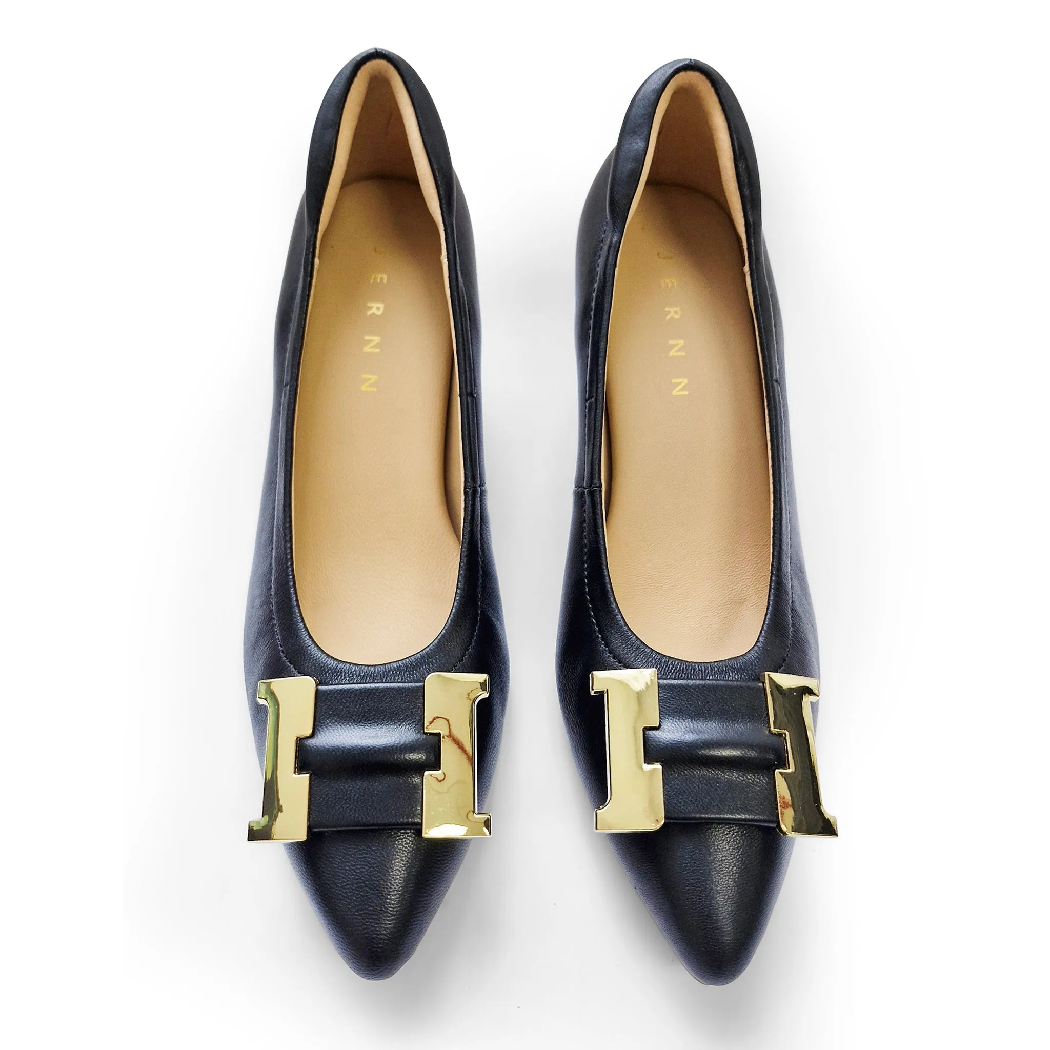 Harper Signature lambskin pumps with gold buckle