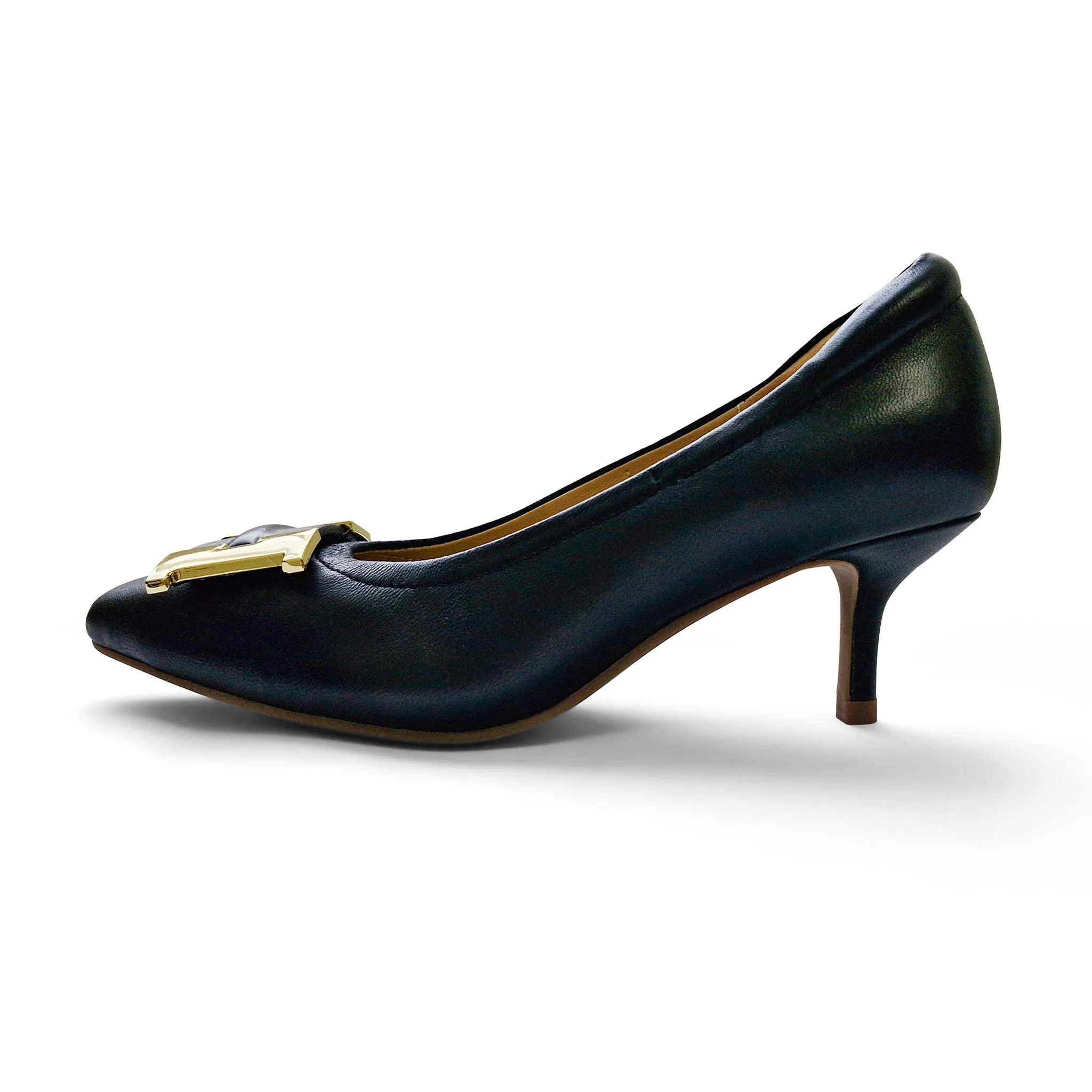 Harper Signature lambskin pumps with gold buckle