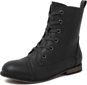 katliu Women's Combat Boots Lace up Military Ankle Boots Side Zipper Round Toe Booties