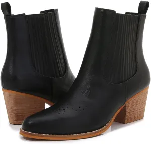 mm Women PU Leather Stacked Heel Ankle Chelsea Boots