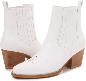 mm Women PU Leather Stacked Heel Ankle Chelsea Boots