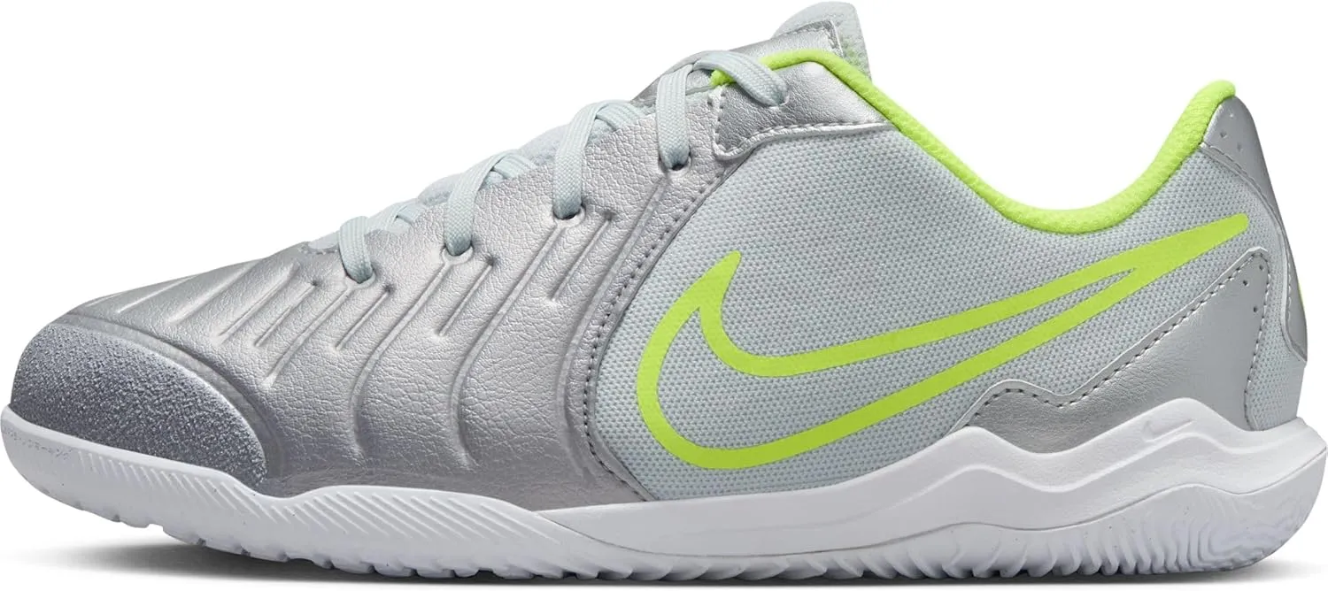 Nike Jr. Tiempo Legend 10 Academy Little/Big Kids' Indoor/Court Low-Top Soccer Shoes (DV4350-001, Metallic Silver/Volt/Black)