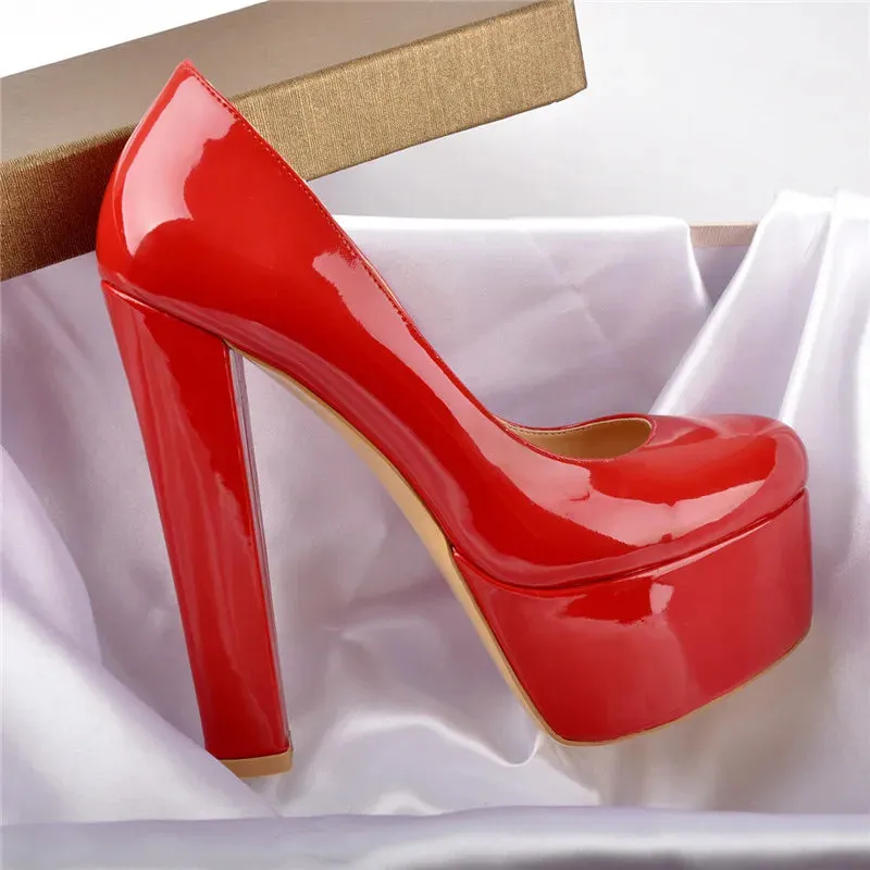Red Patent Leather Platform Chunky High Heels
