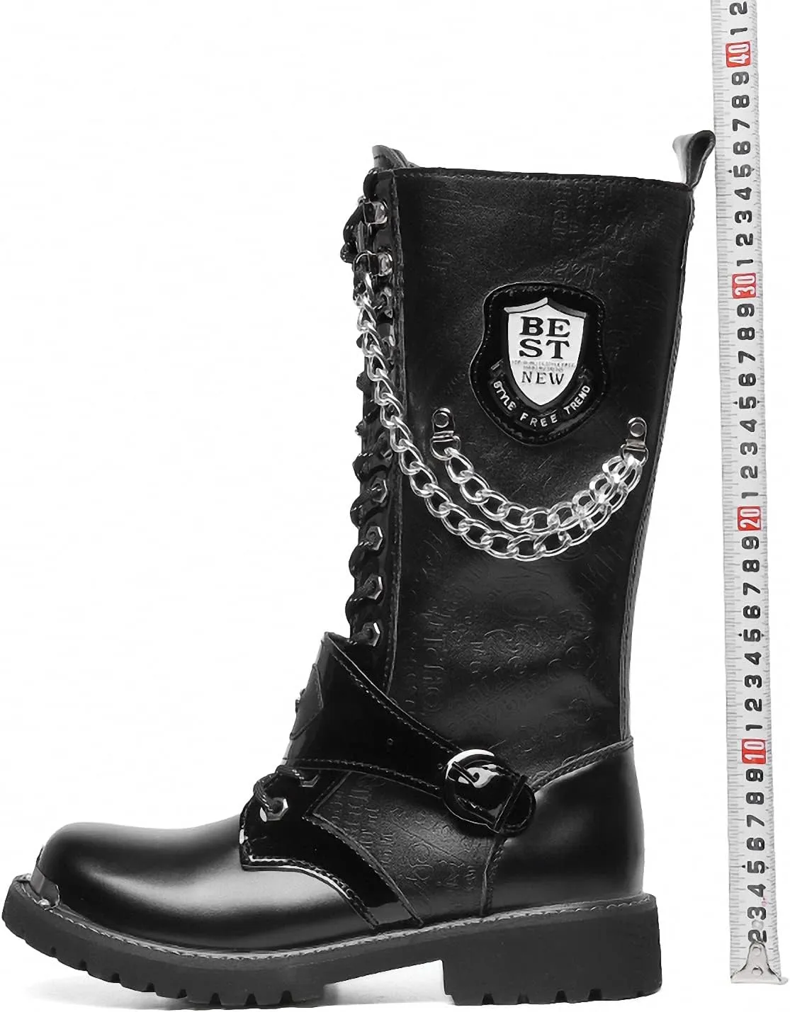 Tebapi Motorcycle Boots for Men Tactical Boots High Military Combat Boots Backpacking Boots Mid Calf Metal Chain Punk Army Boots Male Shoes Rock