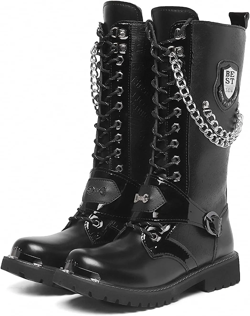 Tebapi Motorcycle Boots for Men Tactical Boots High Military Combat Boots Backpacking Boots Mid Calf Metal Chain Punk Army Boots Male Shoes Rock