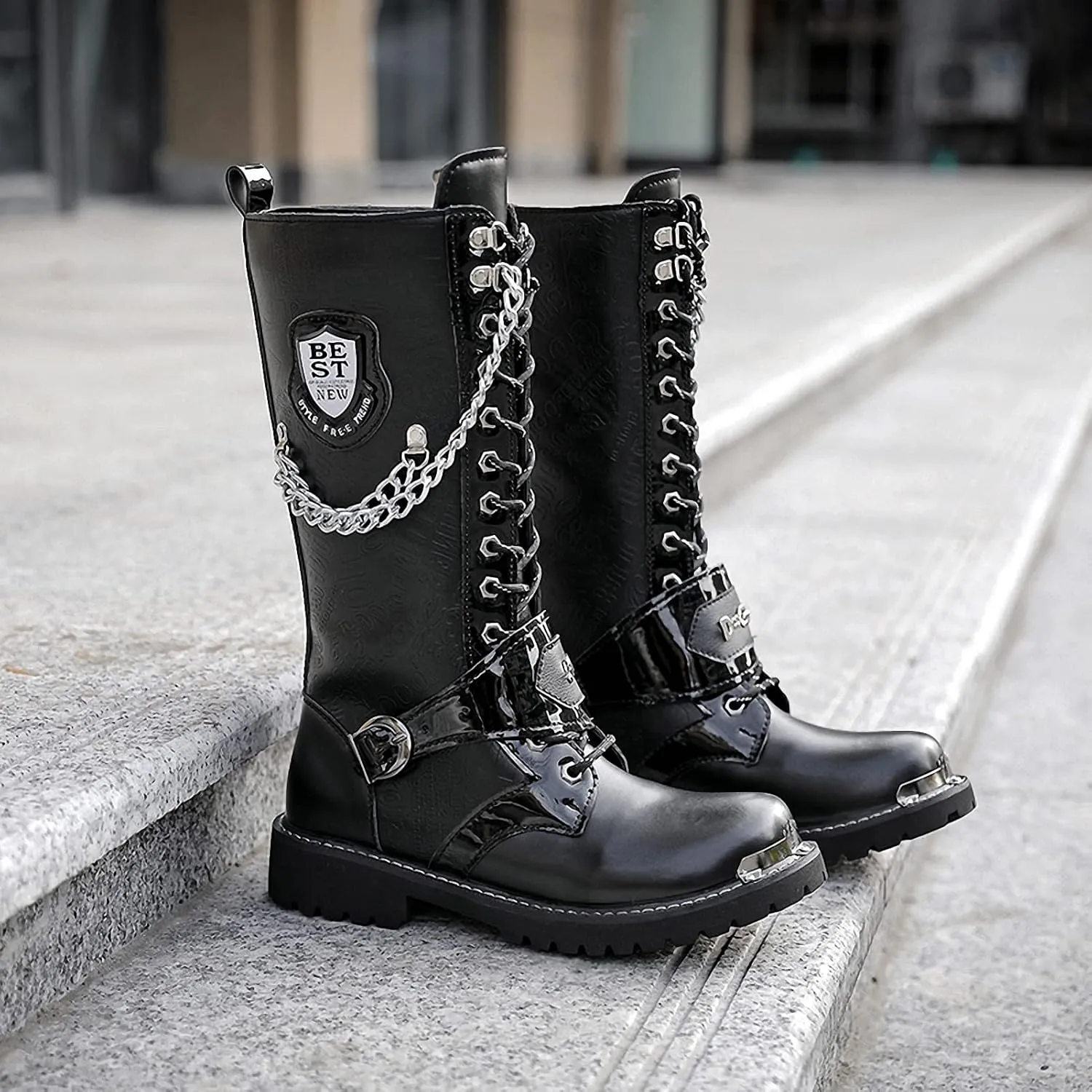 Tebapi Motorcycle Boots for Men Tactical Boots High Military Combat Boots Backpacking Boots Mid Calf Metal Chain Punk Army Boots Male Shoes Rock