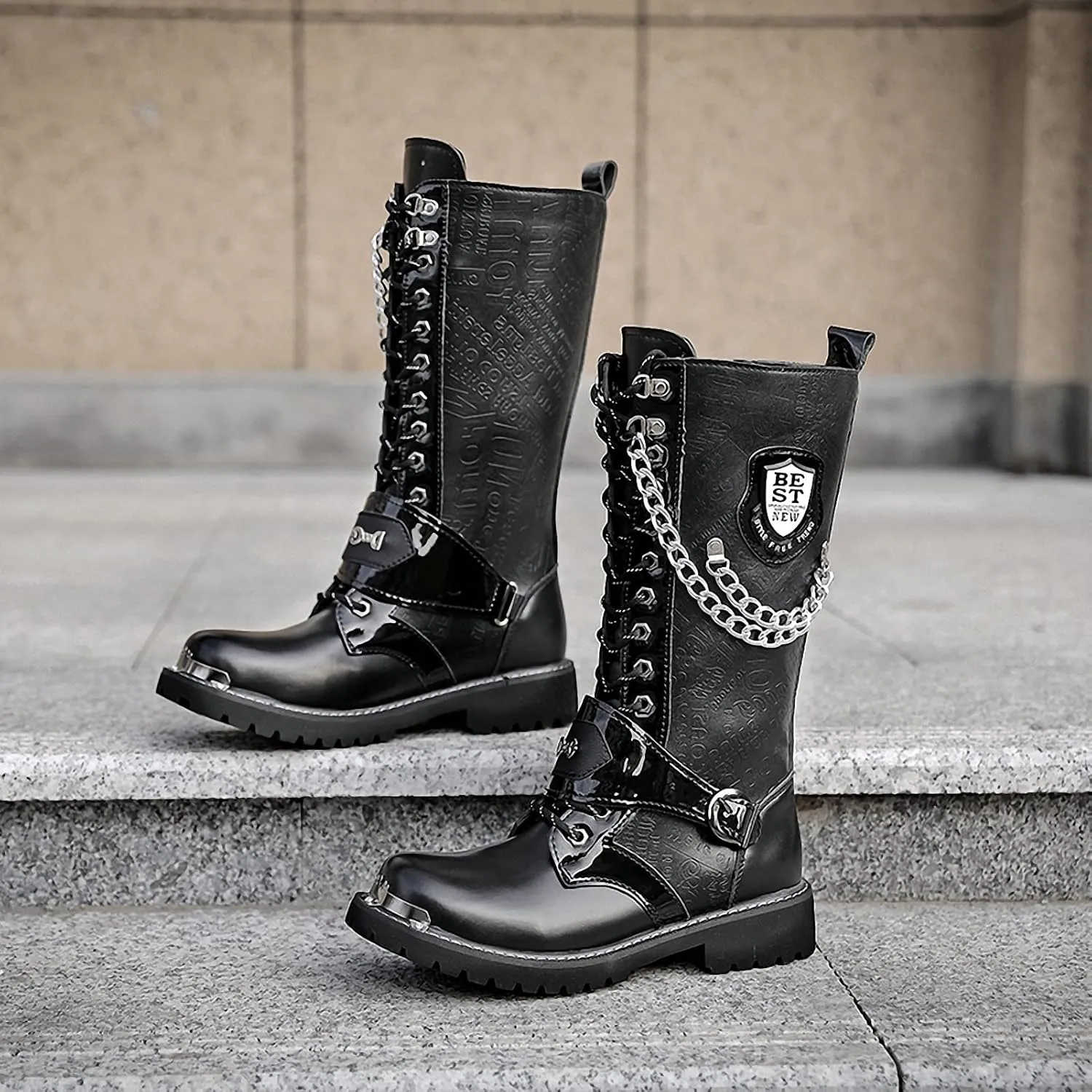 Tebapi Motorcycle Boots for Men Tactical Boots High Military Combat Boots Backpacking Boots Mid Calf Metal Chain Punk Army Boots Male Shoes Rock