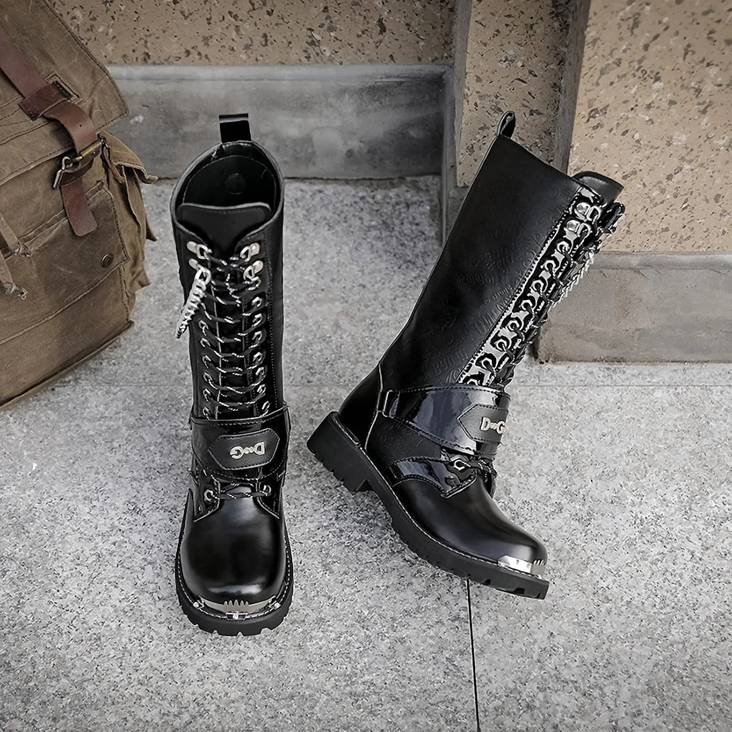 Tebapi Motorcycle Boots for Men Tactical Boots High Military Combat Boots Backpacking Boots Mid Calf Metal Chain Punk Army Boots Male Shoes Rock
