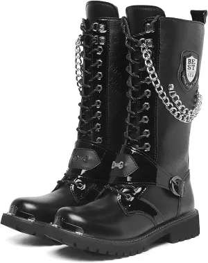 Tebapi Motorcycle Boots for Men Tactical Boots High Military Combat Boots Backpacking Boots Mid Calf Metal Chain Punk Army Boots Male Shoes Rock