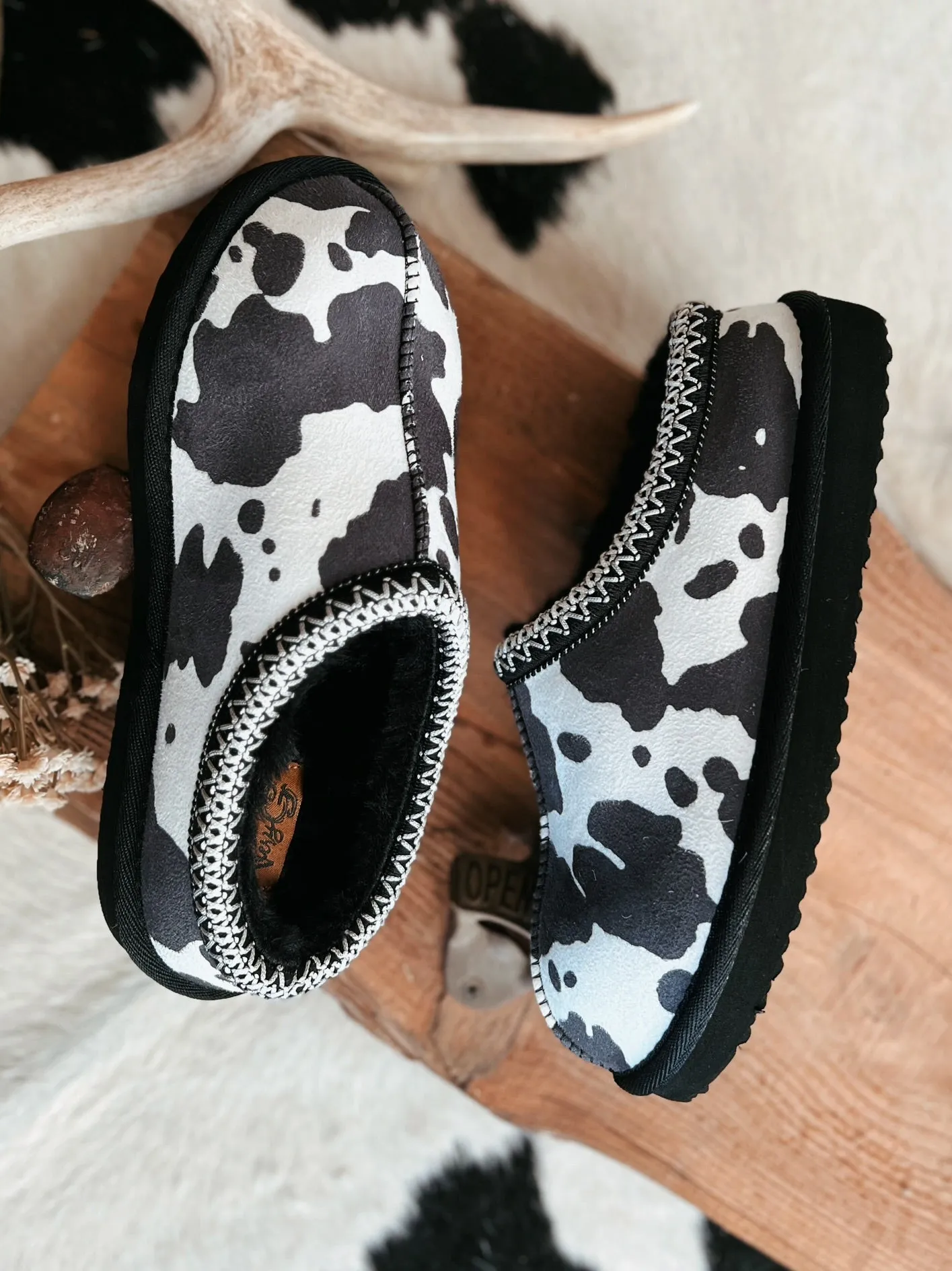 Very G Black Cow Sparks Fuzzy Slippers