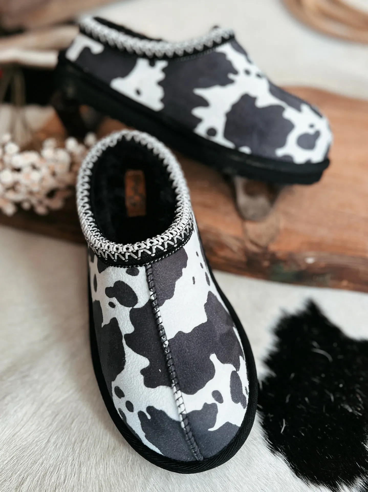 Very G Black Cow Sparks Fuzzy Slippers