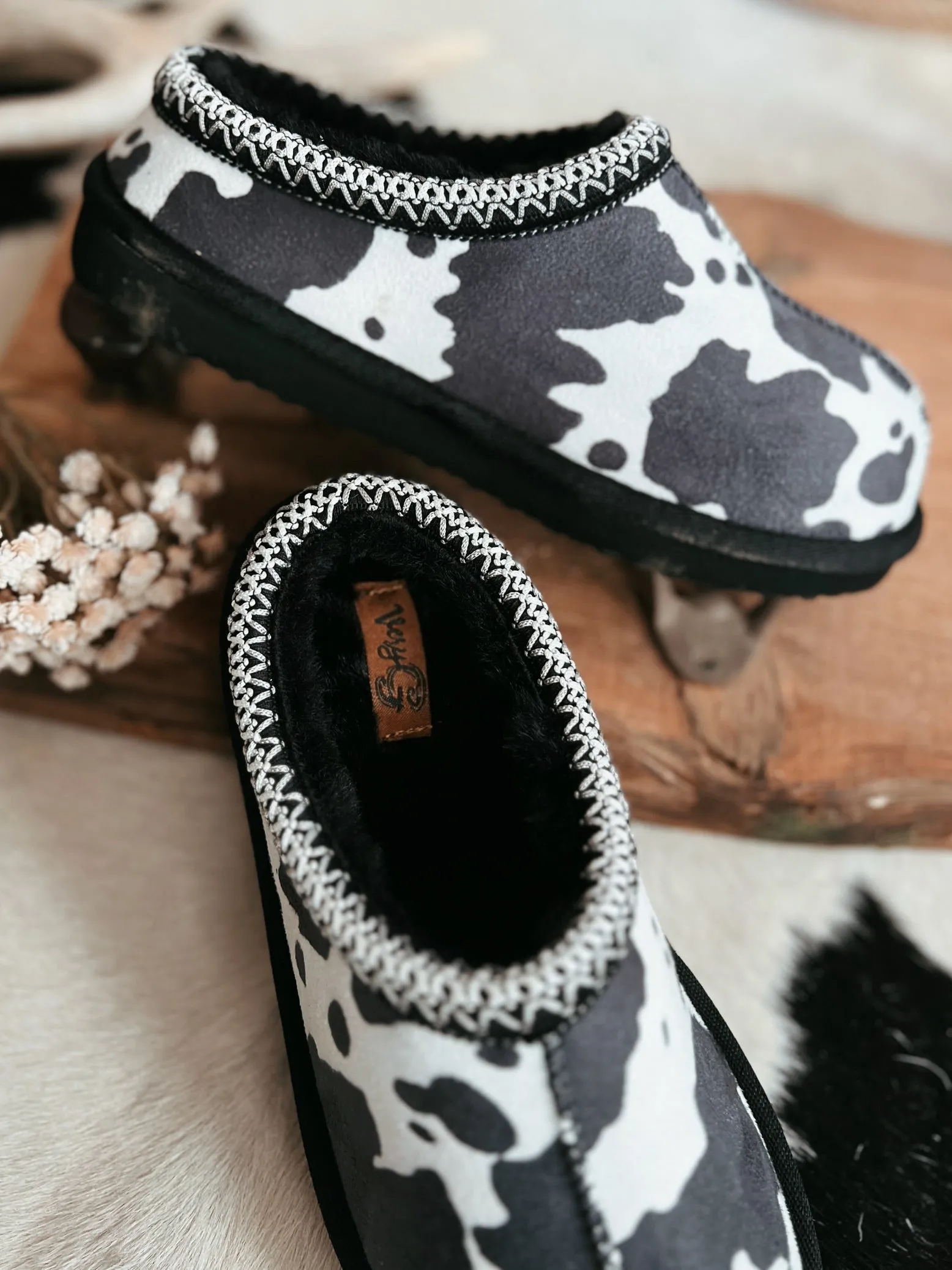 Very G Black Cow Sparks Fuzzy Slippers