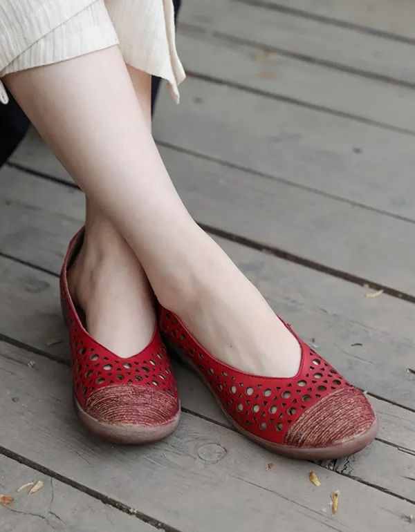 Women's Thick-heel Hollow Handmade Retro Flats